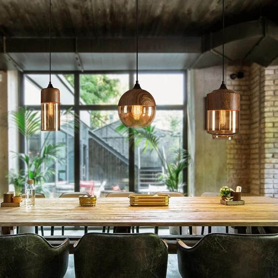 Scandinavian pendant light made of glass and metal with a wood look