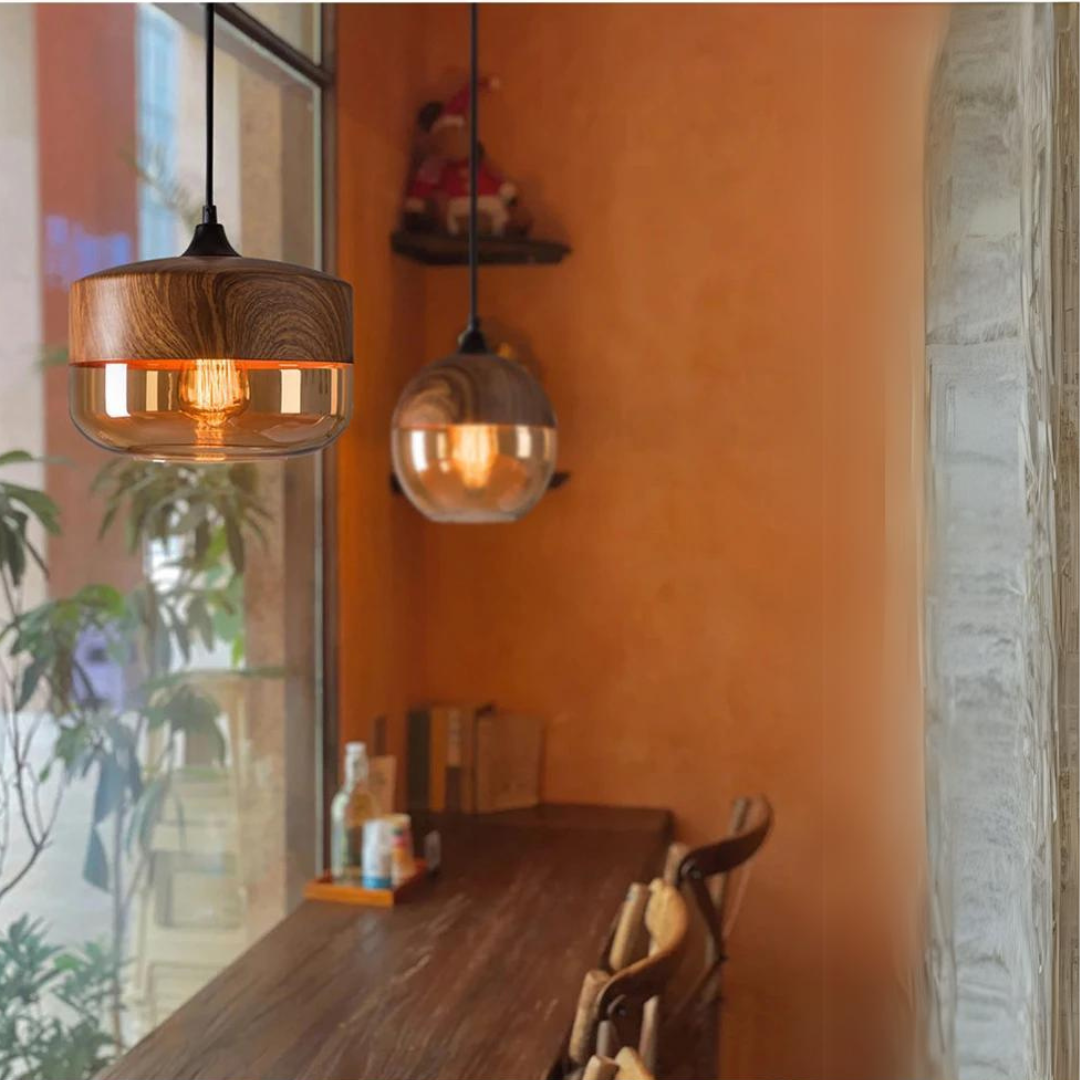 Scandinavian pendant light made of glass and metal with a wood look