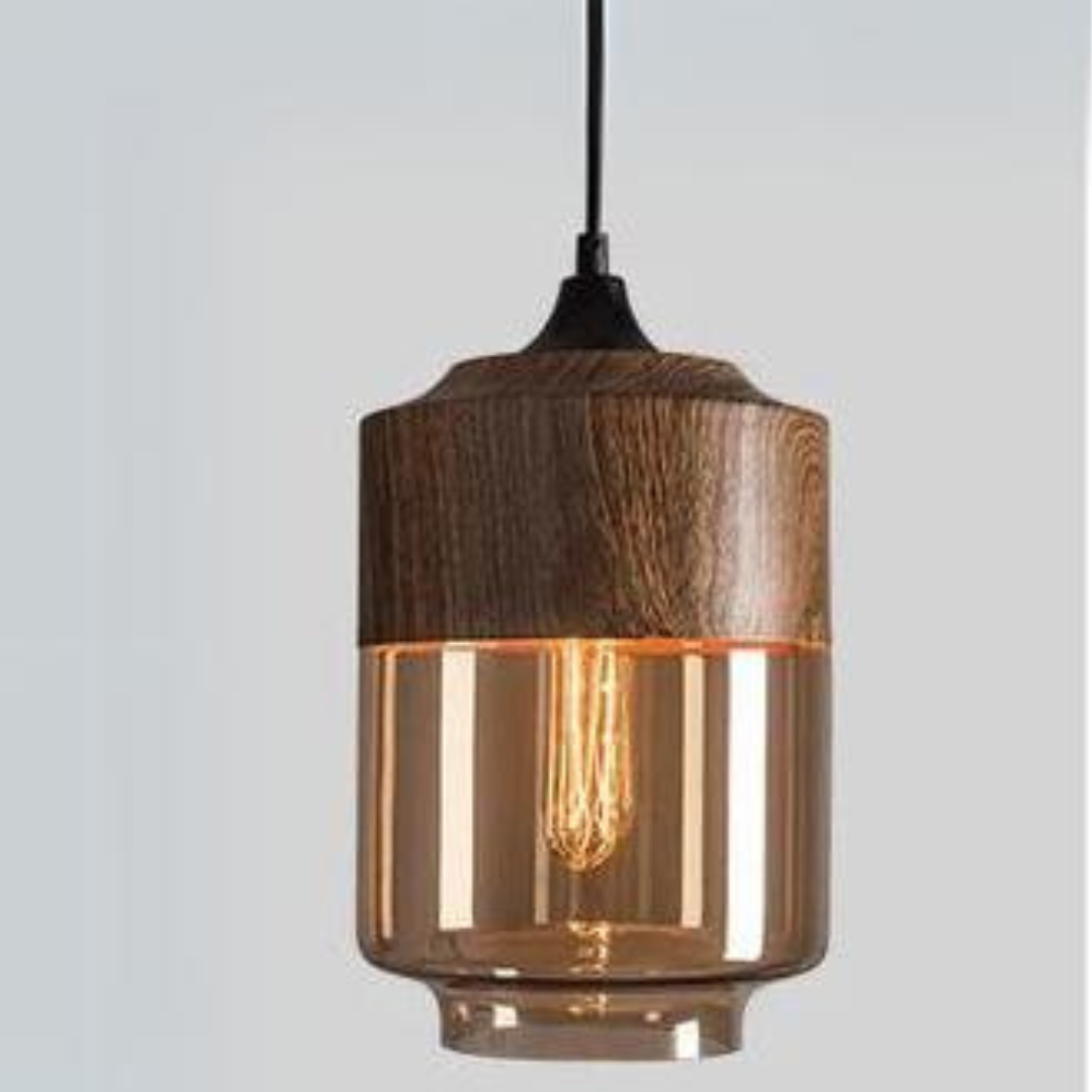 Scandinavian pendant light made of glass and metal with a wood look