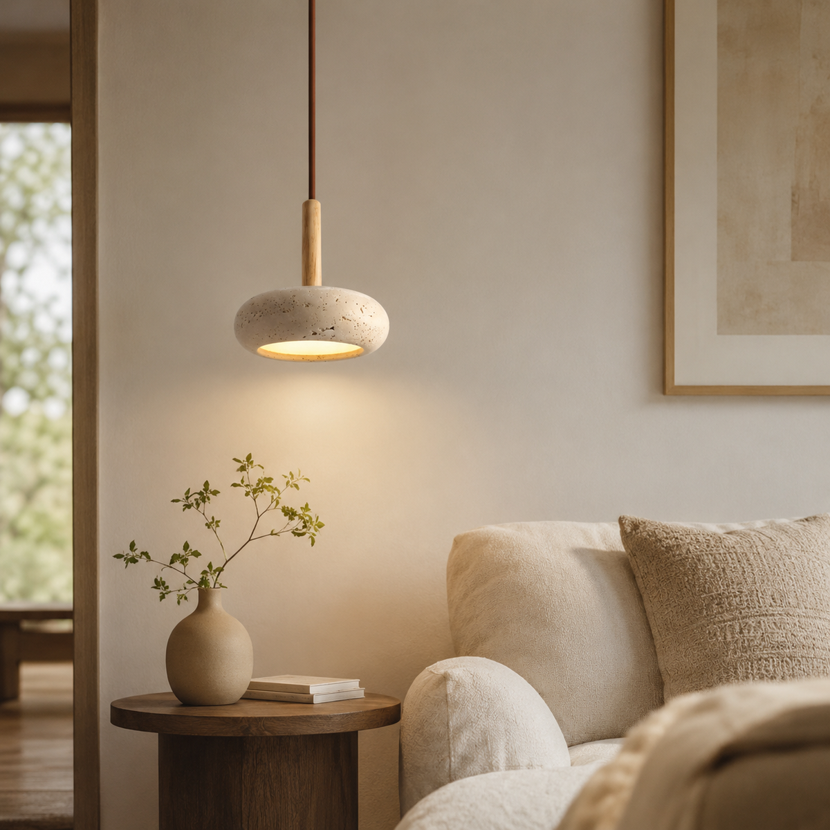 LED Hängeleuchte Japanischer Stil Naturstein Holz Warmweiß Ø15cm