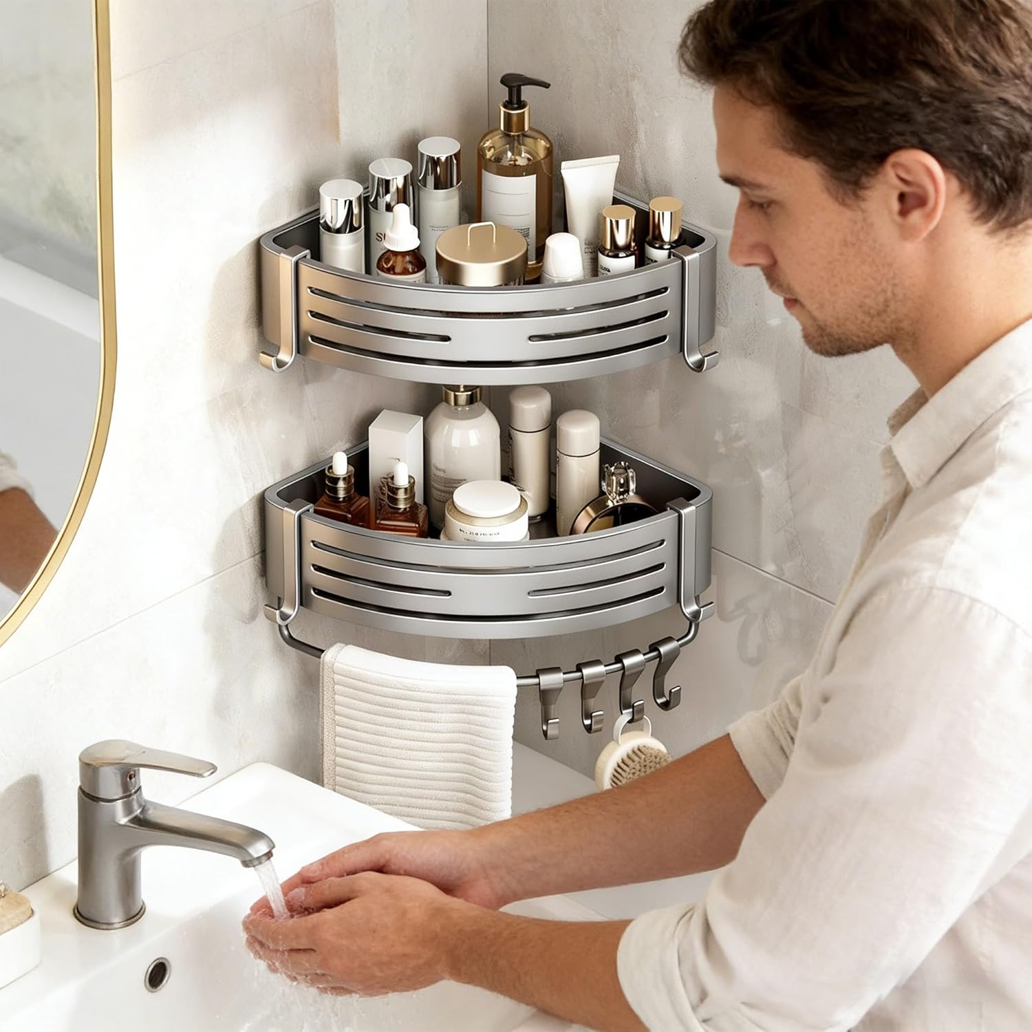 Duscheckregal ohne Bohren – verstellbares Aluminium-Eckregal 2er-Set
