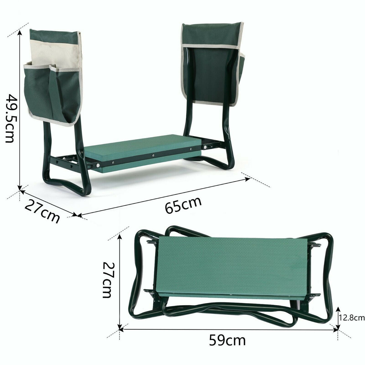 Foldable garden kneeler seat with padding and side pockets