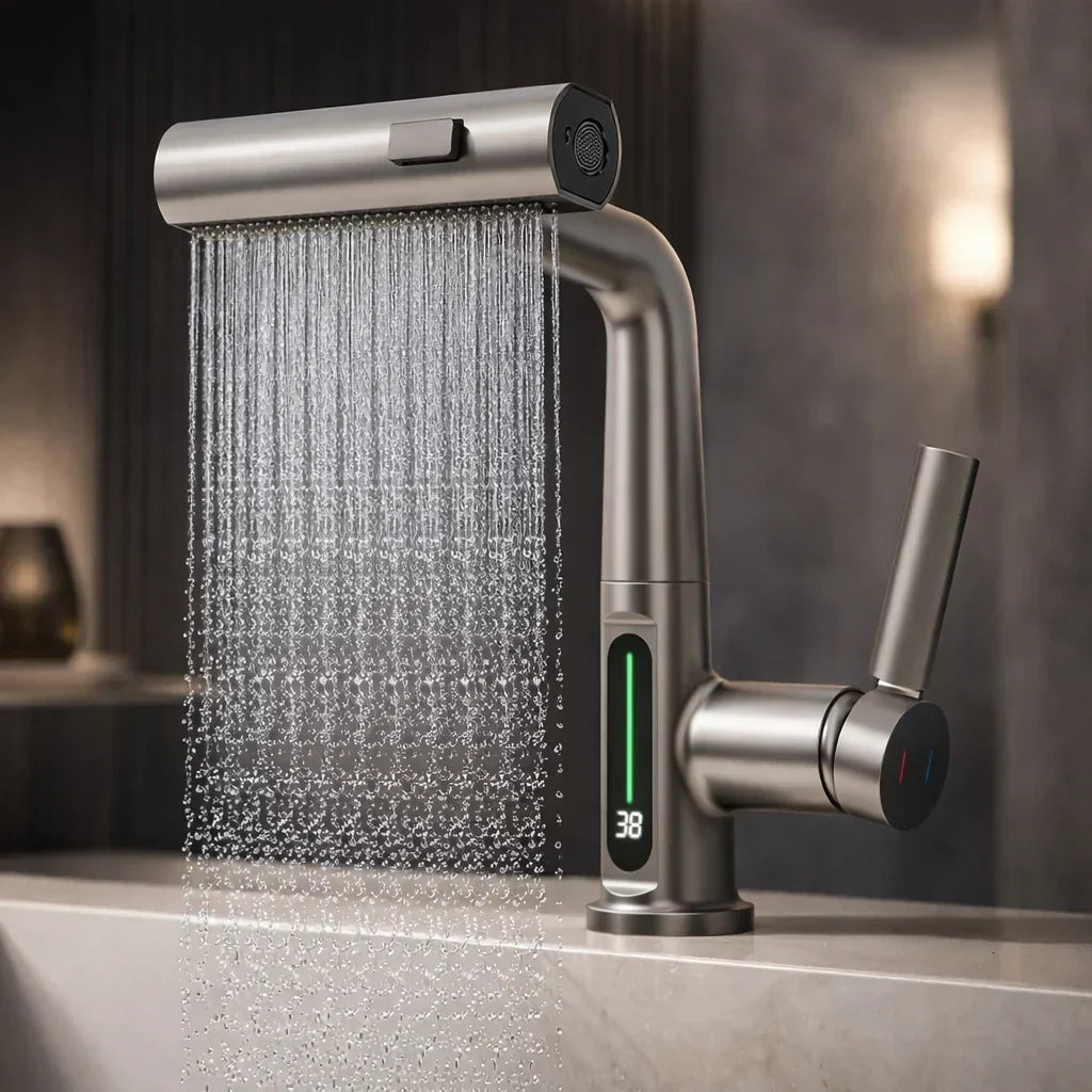Wasserhahnaufsatz mit LED-Temperaturanzeige und 5 Strahlarten