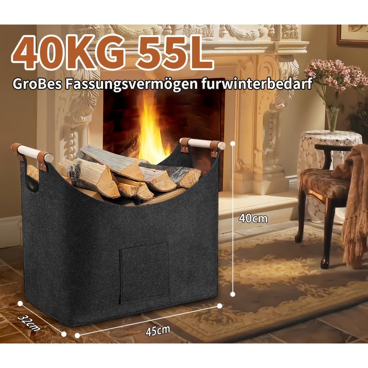 Faltbarer Kaminholzkorb aus Filz mit Holzgriffen – 55 Liter