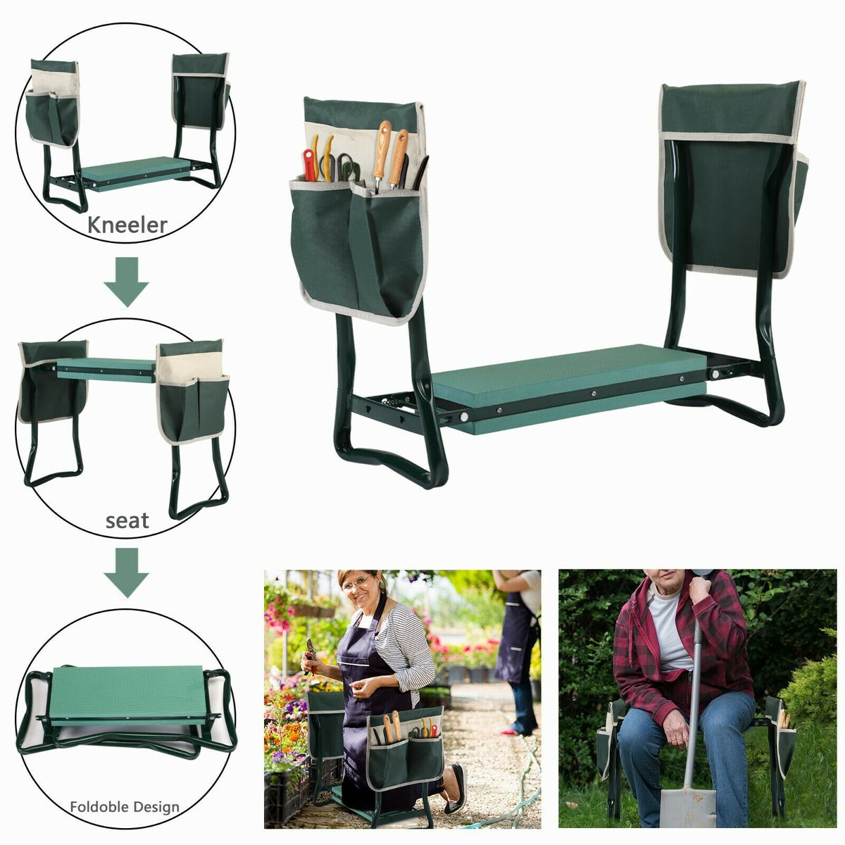 Foldable garden kneeler seat with padding and side pockets