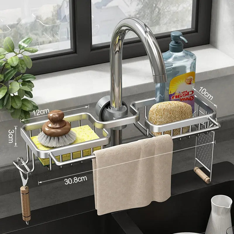 Armatur-Küchenorganizer Abmessungen 30,8cm x 12cm mit Handtuchstange gezeigt