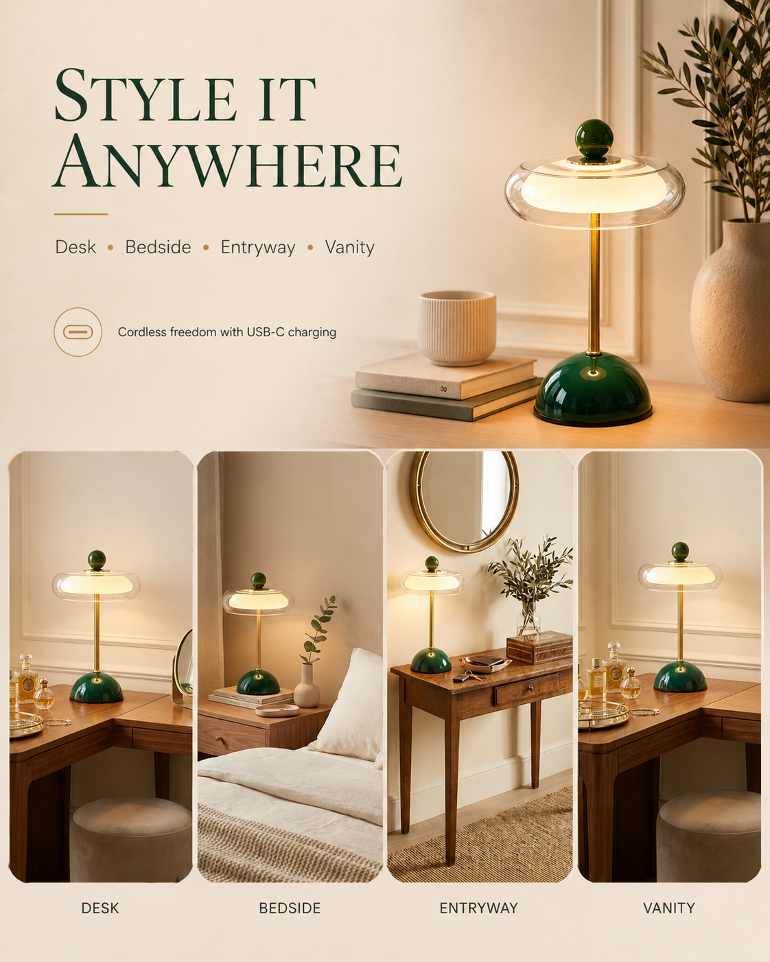Rechargeable glass table lamp with dimmer – retro design, USB-C