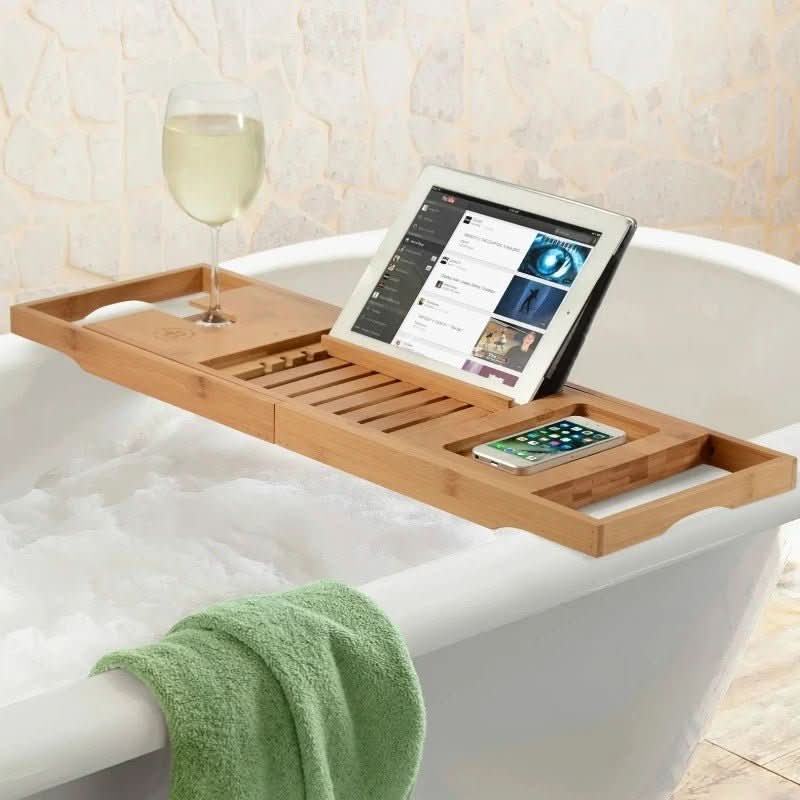 Ausziehbare Bambus Badewannenablage mit Glas- und Buchhalter