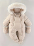 Winter romper with hood and faux fur for 0–12 months