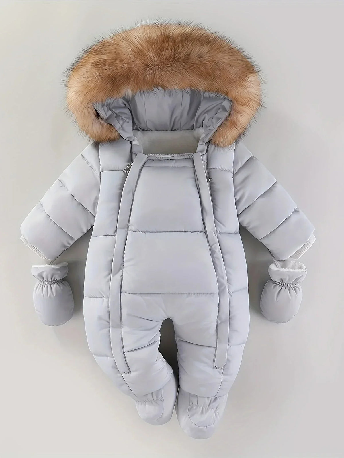 Winter romper with hood and faux fur for 0–12 months