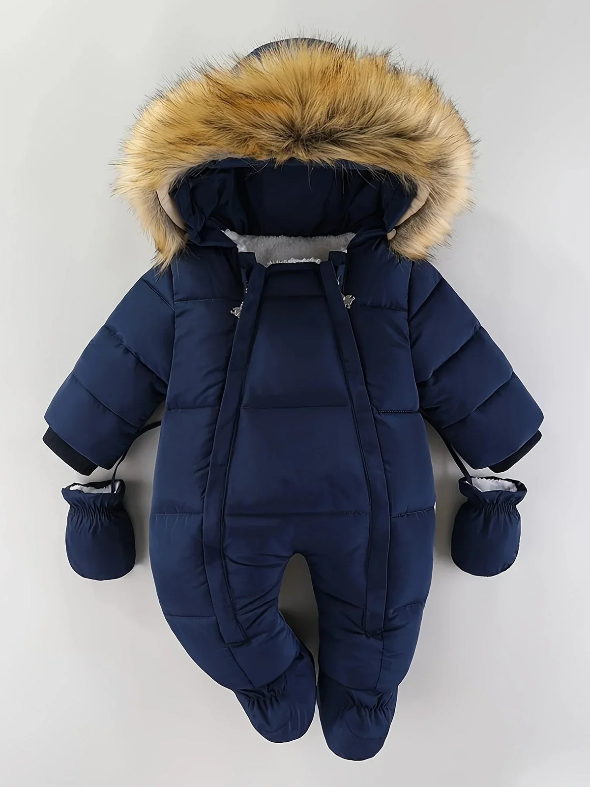Winter romper with hood and faux fur for 0–12 months