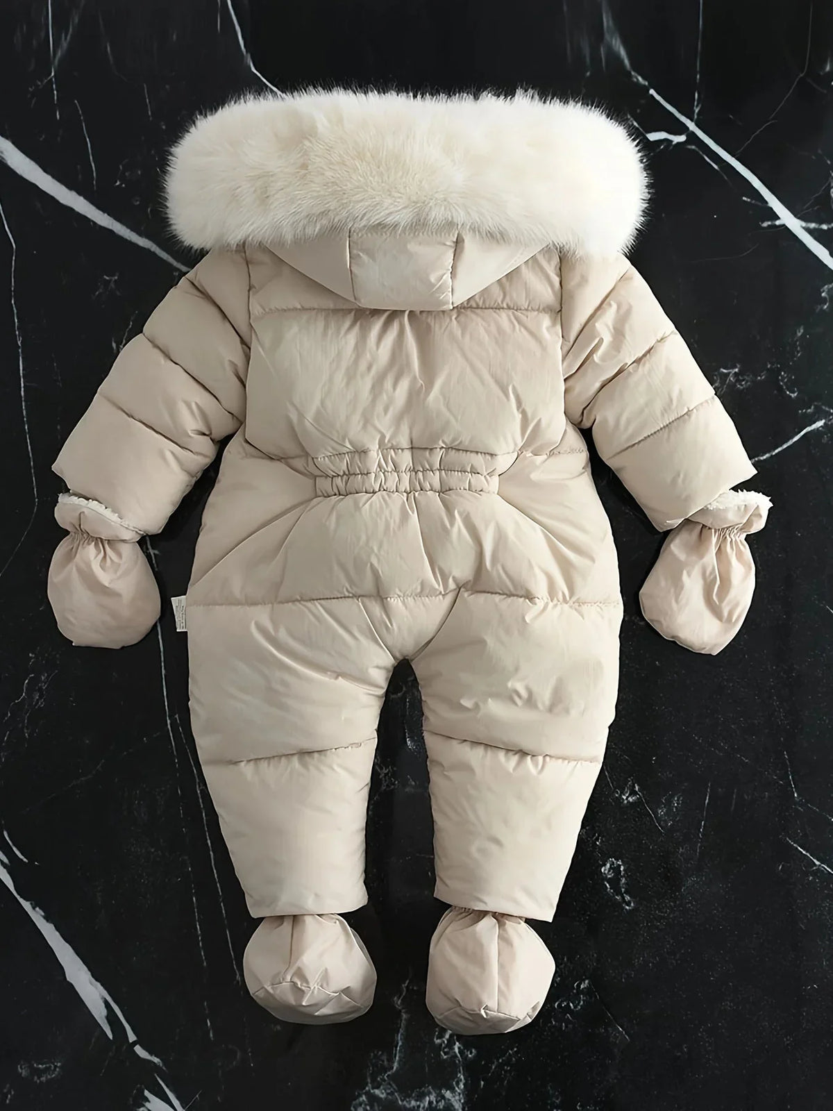Winter romper with hood and faux fur for 0–12 months