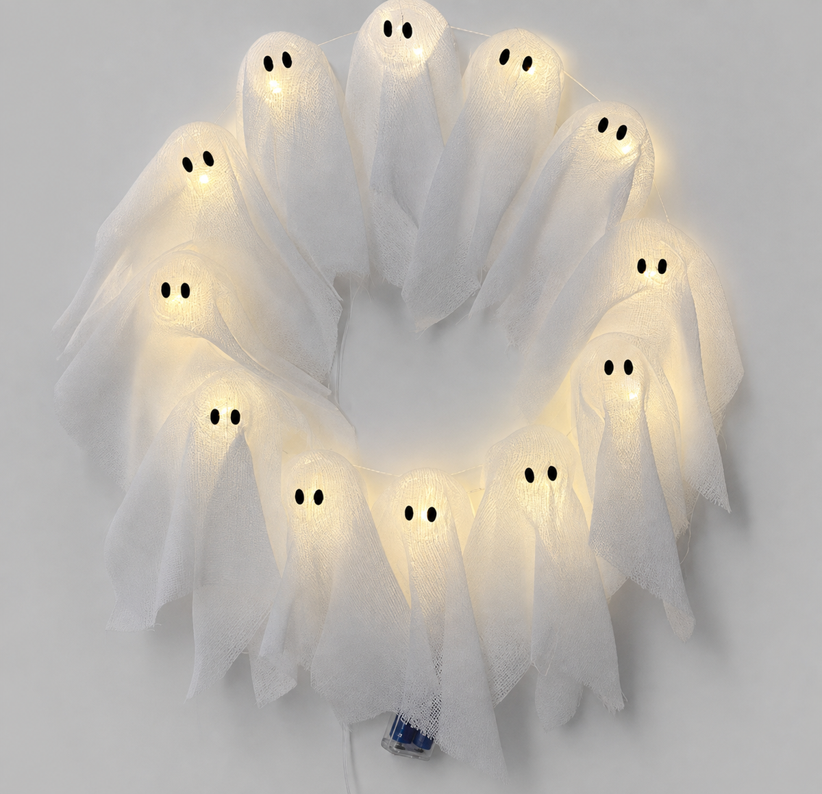 Halloween wreath with LED lighting – 12 glowing ghosts, 31 cm