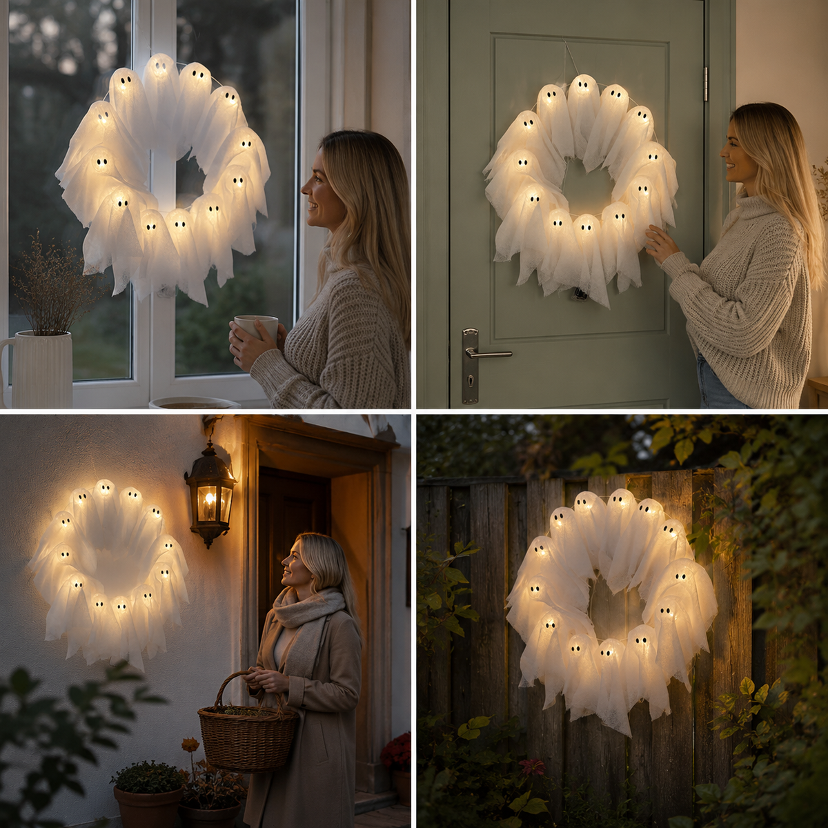 Halloween wreath with LED lighting – 12 glowing ghosts, 31 cm