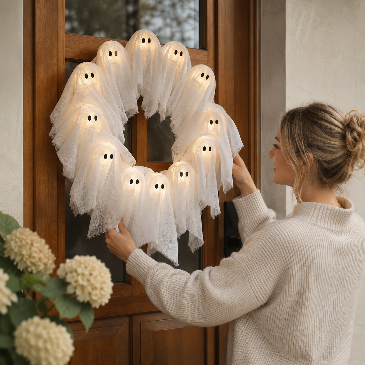 Halloween wreath with LED lighting – 12 glowing ghosts, 31 cm