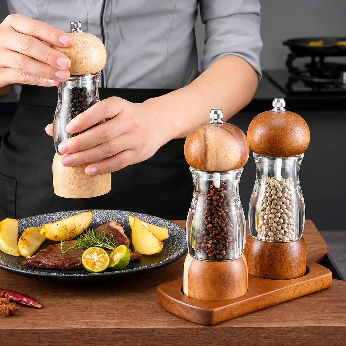 Salz- und Pfeffermühlen-Set aus Holz und Glas für die Küche