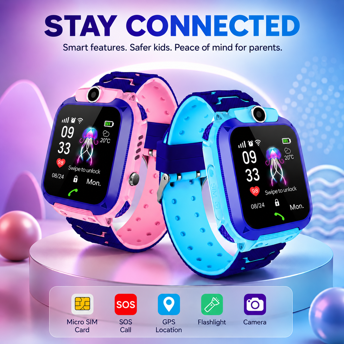 Kids' smartwatch with GPS tracking, phone, SOS, and camera