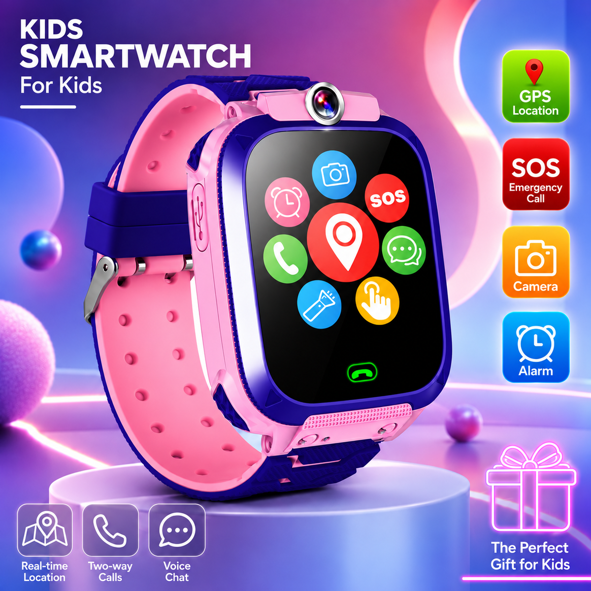 Kids' smartwatch with GPS tracking, phone, SOS, and camera