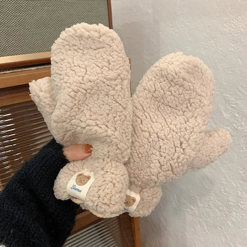 Teddy Handschuhe aus Plüsch mit verstellbarem Kordelzug