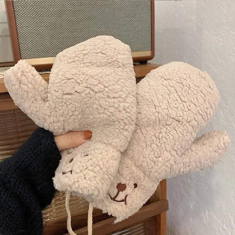 Teddy Handschuhe aus Plüsch mit verstellbarem Kordelzug