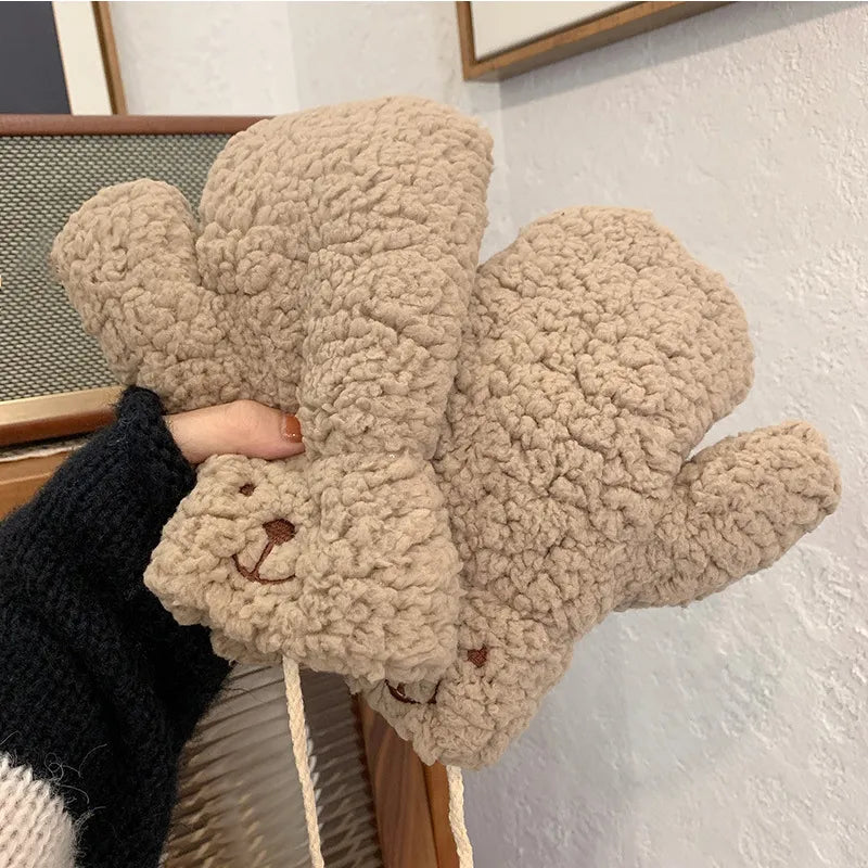 Teddy Handschuhe aus Plüsch mit verstellbarem Kordelzug