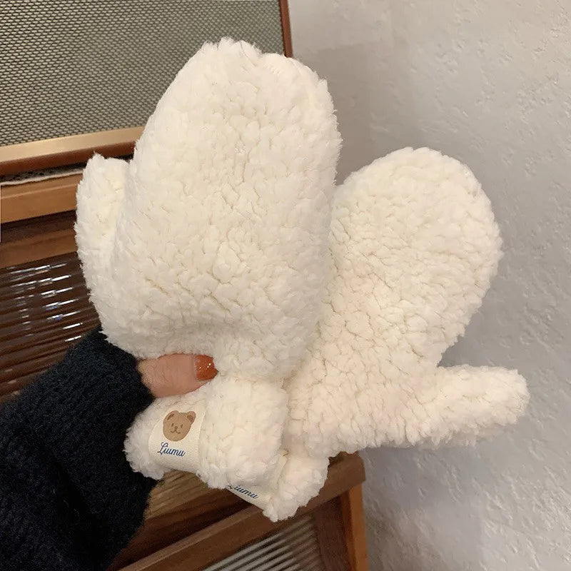 Teddy Handschuhe aus Plüsch mit verstellbarem Kordelzug