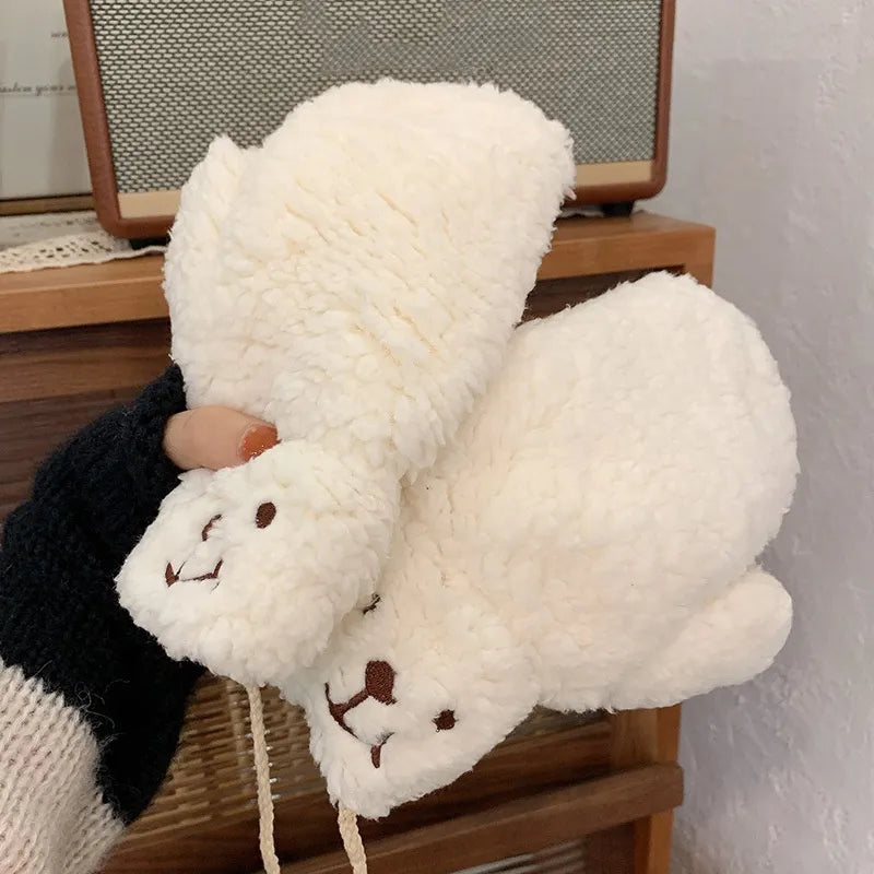 Teddy Handschuhe aus Plüsch mit verstellbarem Kordelzug