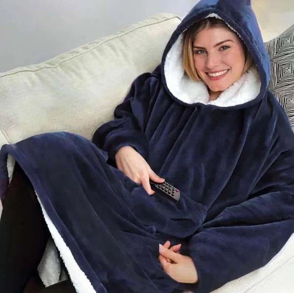 Blanket hoodie with fleece lining, hood, and front pocket