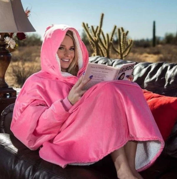 Blanket hoodie with fleece lining, hood, and front pocket