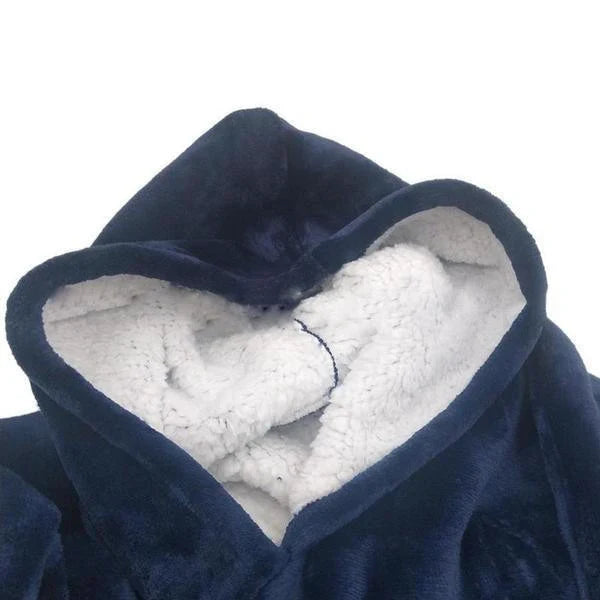 Blanket hoodie with fleece lining, hood, and front pocket