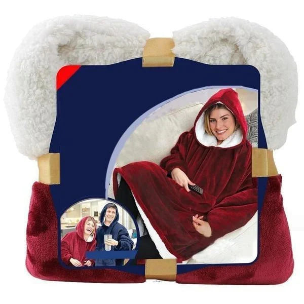 Blanket hoodie with fleece lining, hood, and front pocket