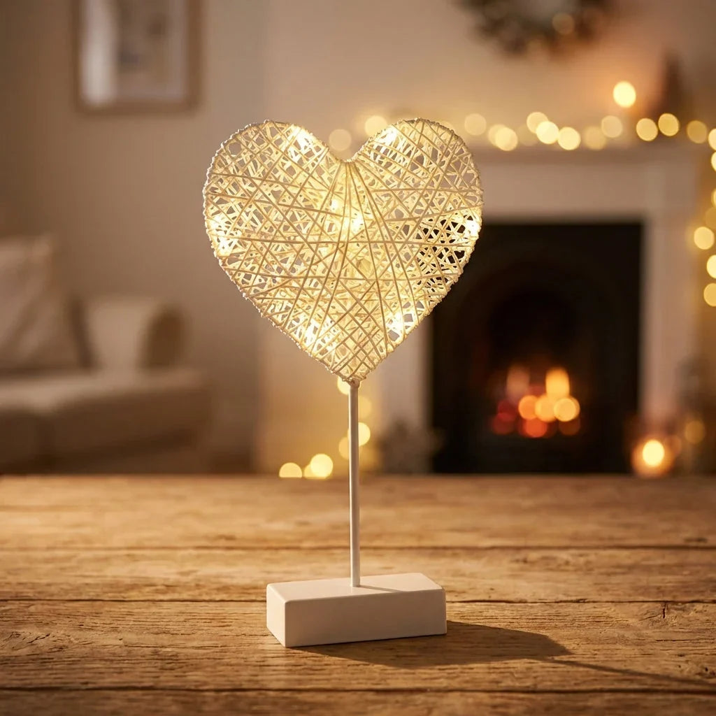 Decorative table lamp made of rattan and copper wire – cordless
