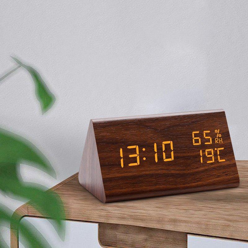 Digitale Holzoptik-Uhr mit Temperaturanzeige und dimmbarem Display