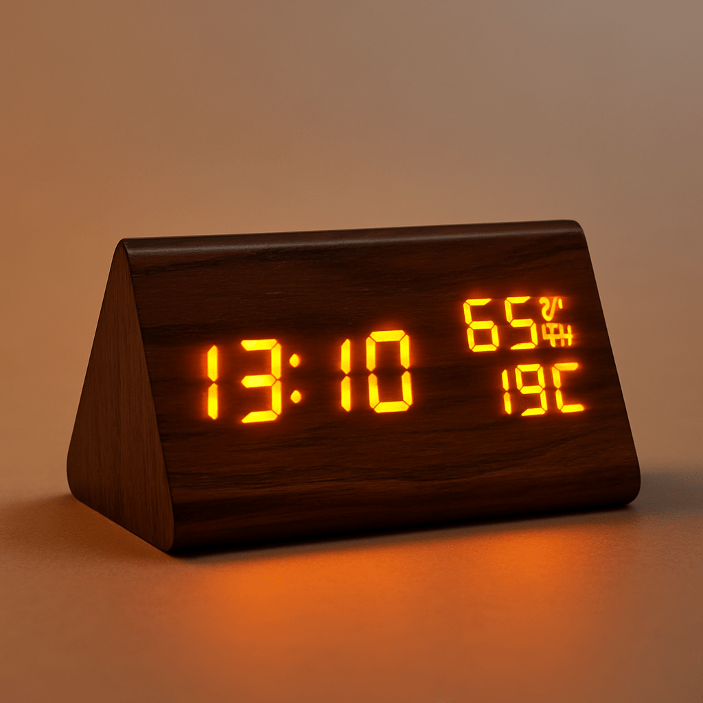 Digitale Holzoptik-Uhr mit Temperaturanzeige und dimmbarem Display
