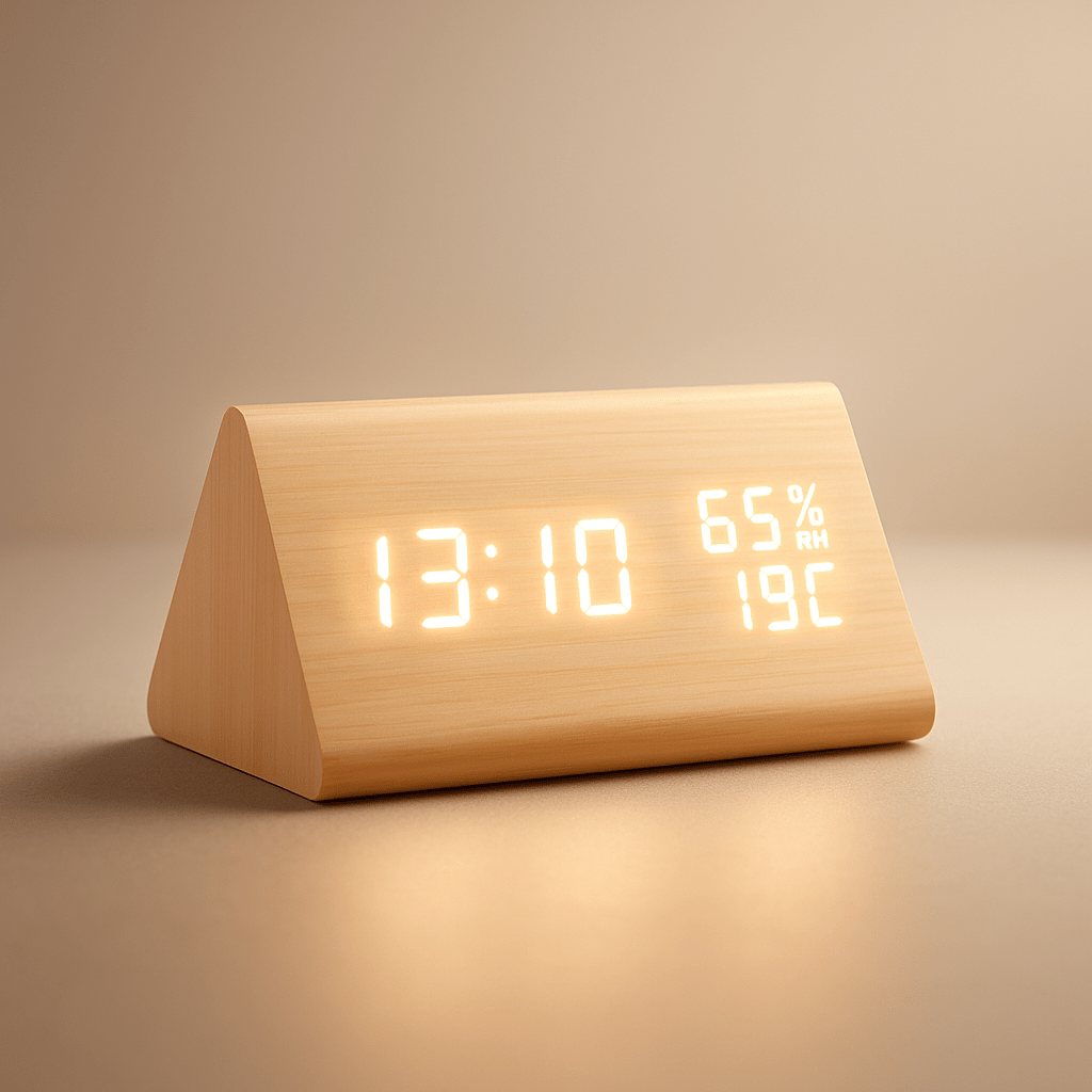 Digitale Holzoptik-Uhr mit Temperaturanzeige und dimmbarem Display