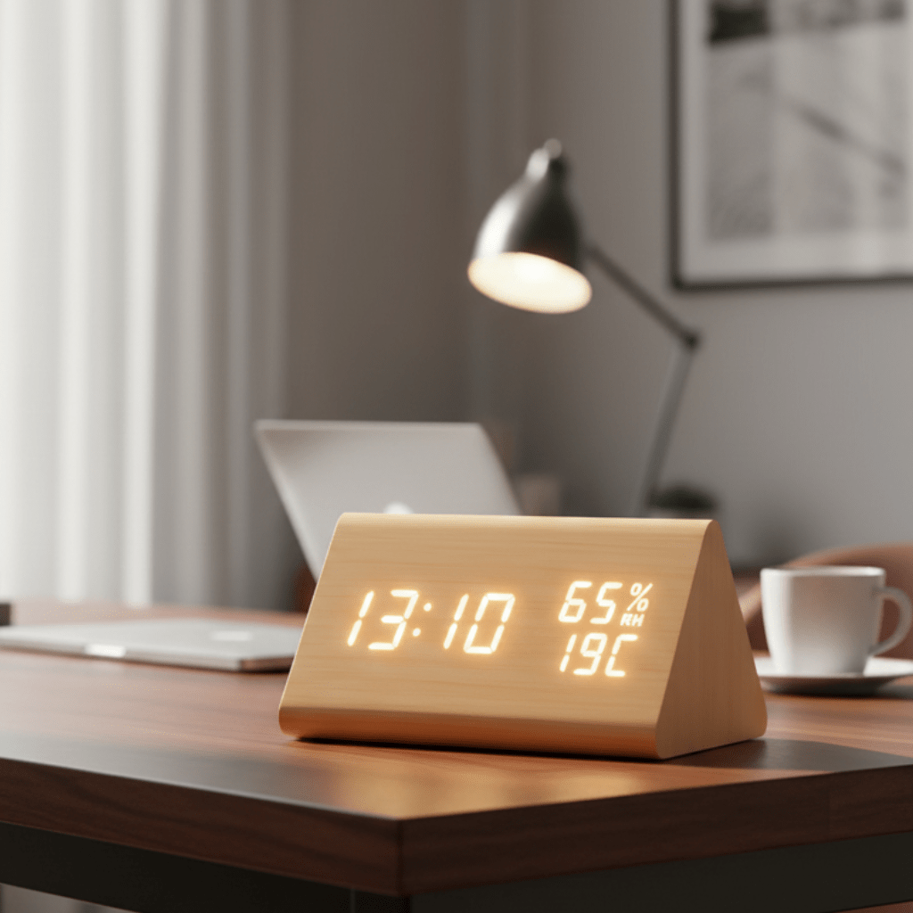 Digitale Holzoptik-Uhr mit Temperaturanzeige und dimmbarem Display