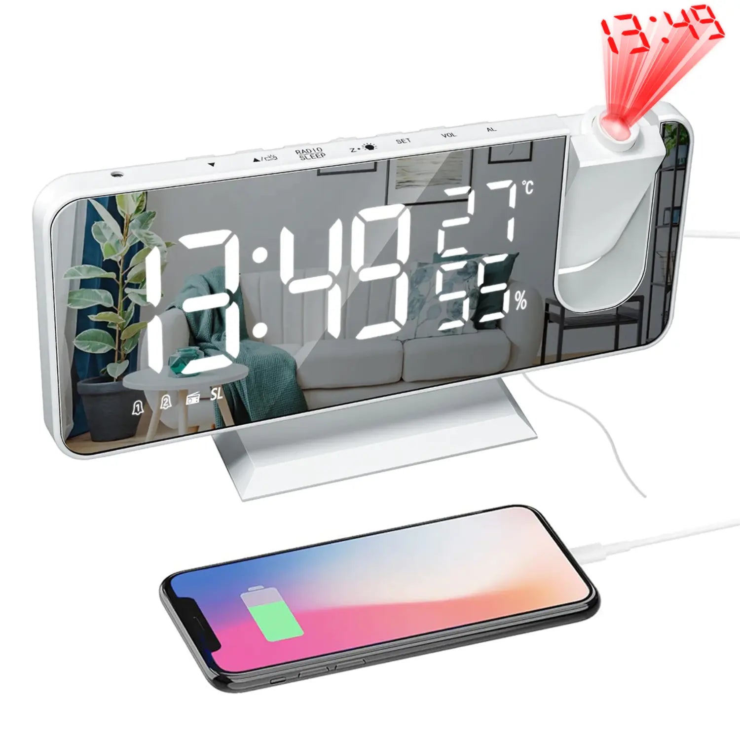 Projektionsuhr mit FM-Radio, Doppelwecker und USB-Ladeanschluss