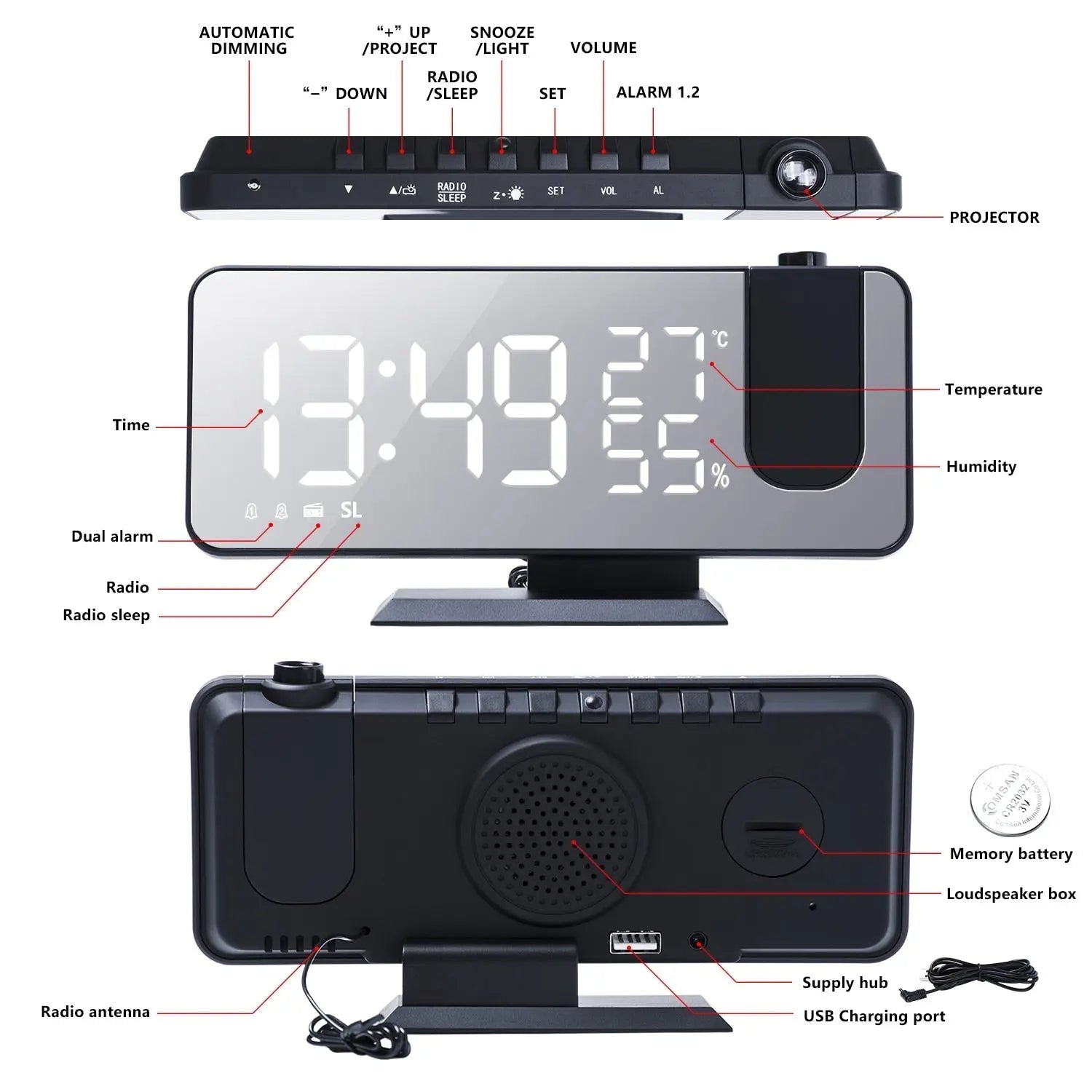 Projektionsuhr mit FM-Radio, Doppelwecker und USB-Ladeanschluss