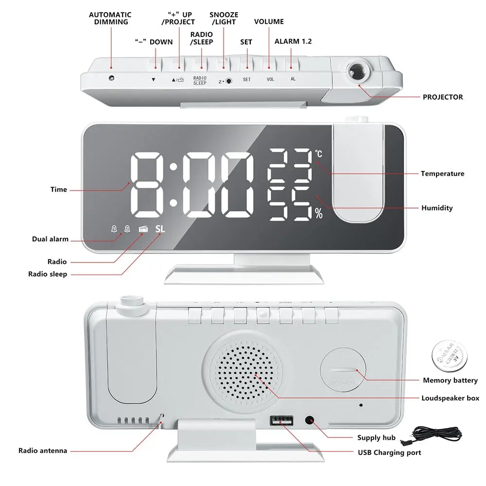 Projektionsuhr mit FM-Radio, Doppelwecker und USB-Ladeanschluss
