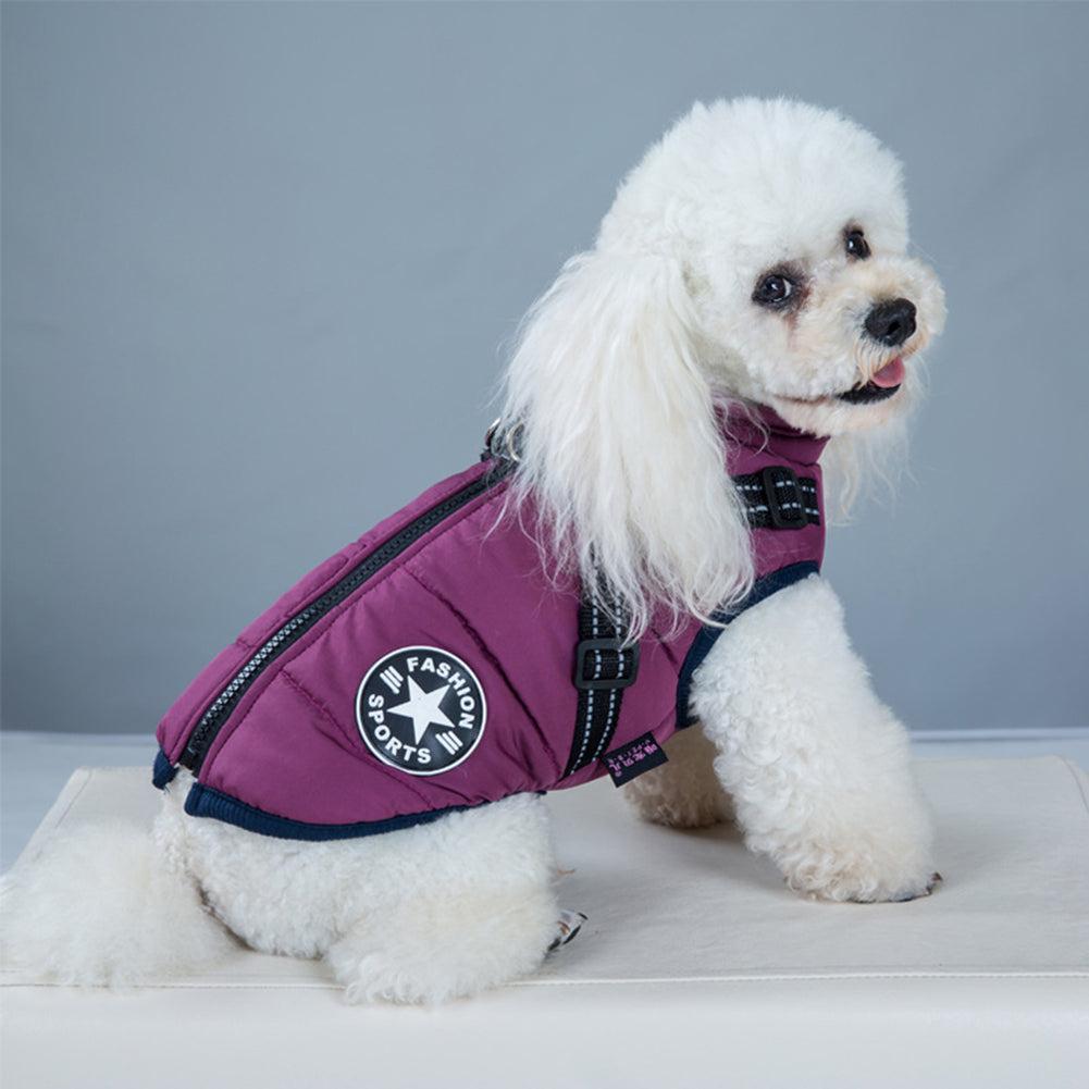 Waterproof winter dog jacket with integrated harness