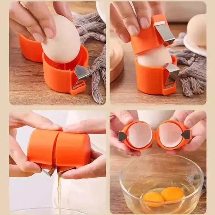 Four-panel demonstration showing 2in1 Eieröffner Eigelbtrenner egg opening and yolk separating process