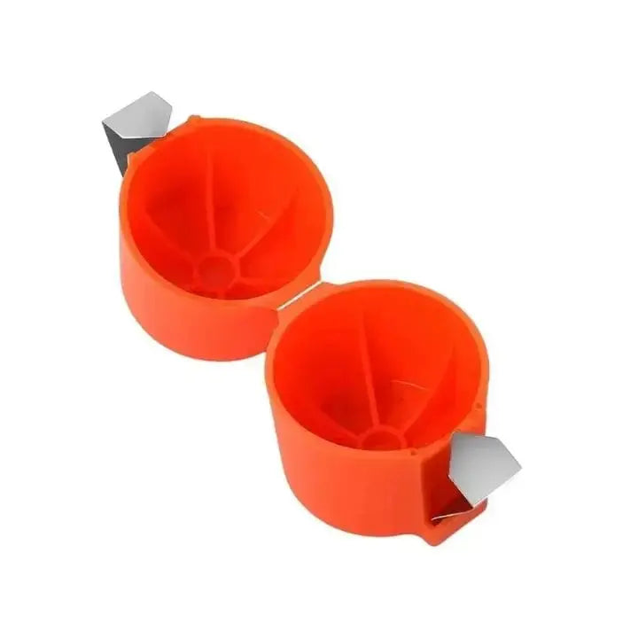 Orange 2in1 Eieröffner Eigelbtrenner opened showing two compartments with metal blades