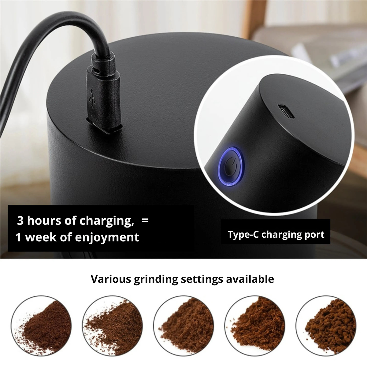 Electric Coffee Grinder with Adjustable Grind Size – USB Rechargeable