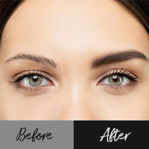 Before and after comparison showing perfectly shaped eyebrows using Augenbrauen Schablonen