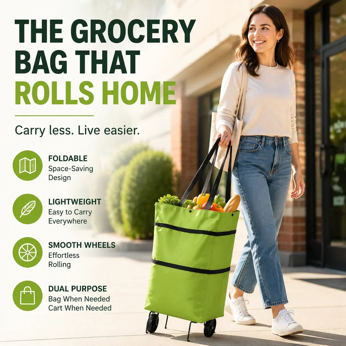 Foldable shopping bag with wheels - 2-in-1 tote bag and trolley