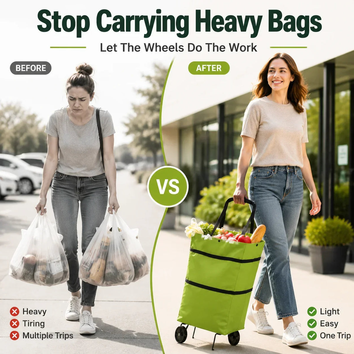 Foldable shopping bag with wheels - 2-in-1 tote bag and trolley