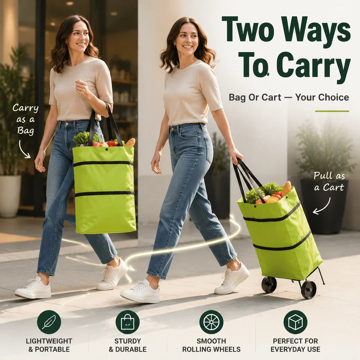 Foldable shopping bag with wheels - 2-in-1 tote bag and trolley