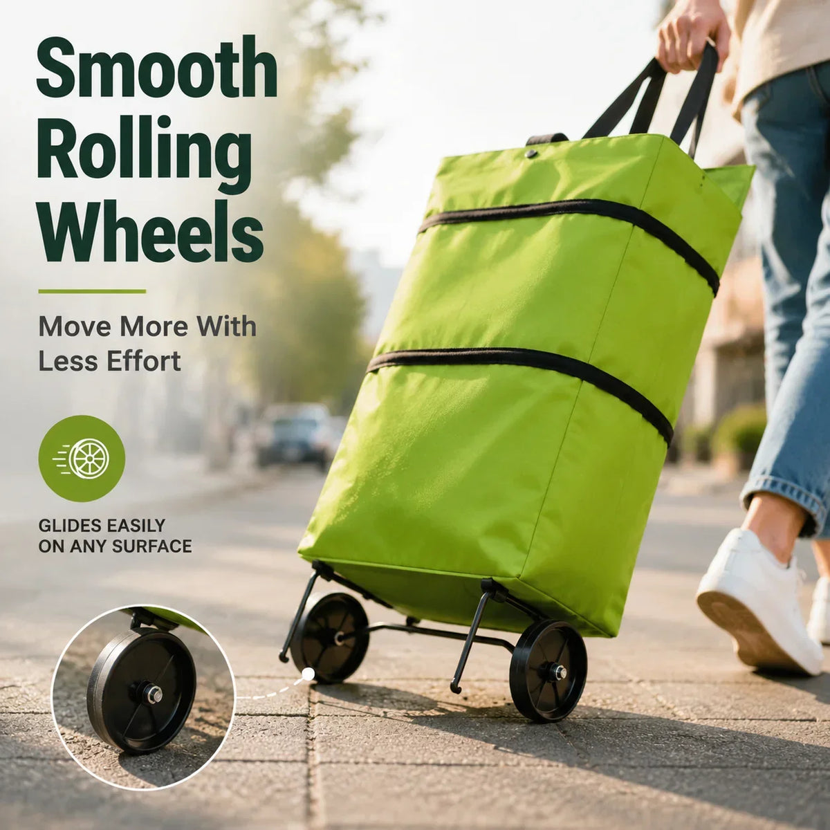 Foldable shopping bag with wheels - 2-in-1 tote bag and trolley