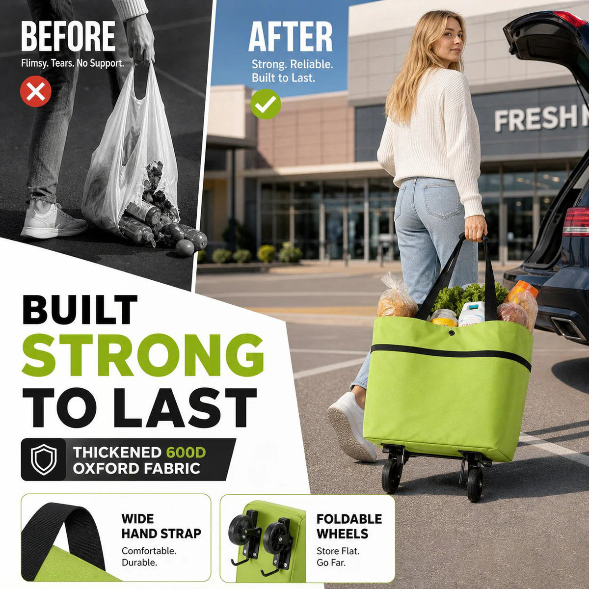 Faltbare Einkaufstasche mit Rollen – 2-in-1 Tragetasche und Trolley