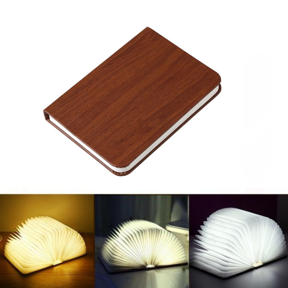 Faltbare Buchlampe aus Holz und Papier mit warmem Licht